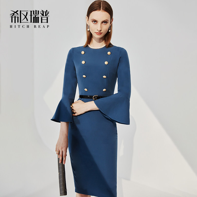 希区瑞普高端法式连衣裙女装春秋气质复古喇叭袖职业修身裙子包臀,女装/女士精品,连衣裙,淘宝优惠券,粉丝福利购,淘宝优惠卷