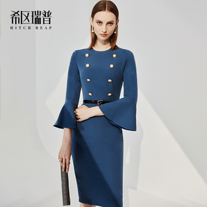 希区瑞普高端法式连衣裙女装春夏气质复古喇叭袖职业修身裙子包臀