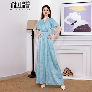 希区瑞普优雅风V领波点连体裤女天蓝色收腰阔腿裤气质时尚连身裤