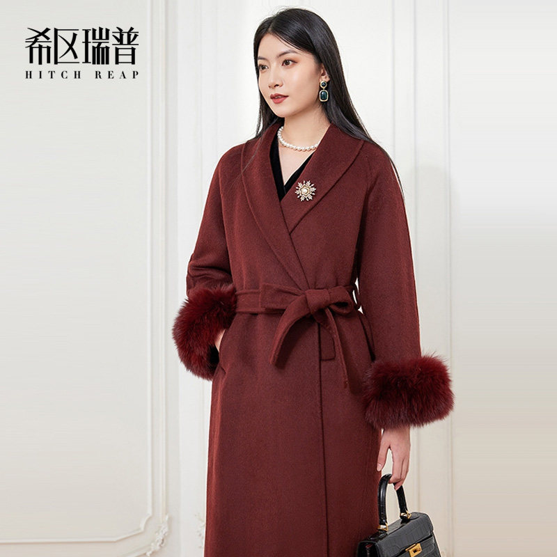 【希区瑞普】高端气质羊毛狐狸毛袖口女长款外套双面呢大衣通勤OL