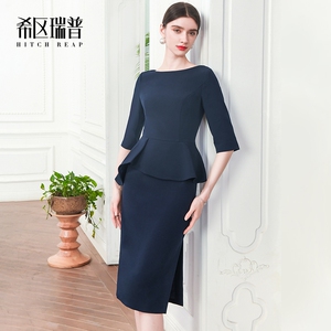 希区瑞普高端连衣裙女春夏气质荷叶边职业修身裙短袖短裙复古