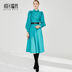 希区高端法式赫本风连衣裙女春夏新款复古长袖气质木耳边伞裙