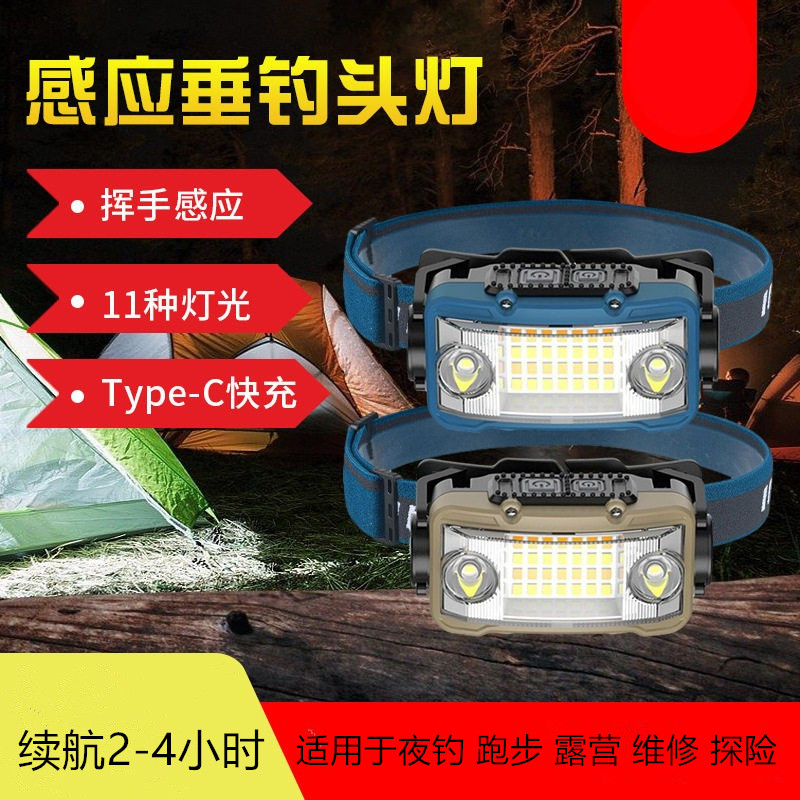 LED感应头灯Type-C充电户外夜钓多功能头戴式强光头灯户外照明