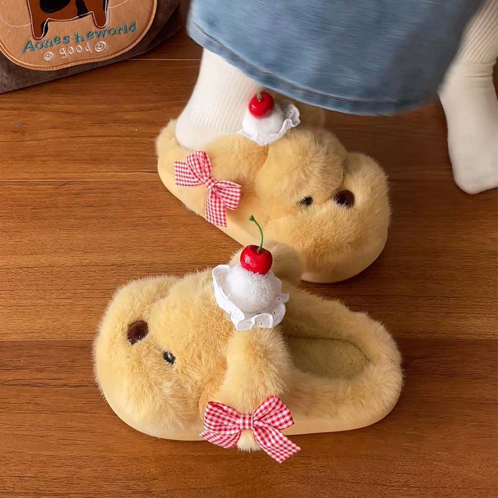 冬日ins韩系樱桃小蛋糕室内棉拖舒适甜美毛绒小狗学生eva棉拖鞋女