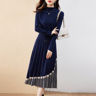 法式气质拼接针织洋装女冬装2025新款女装收腰显瘦打底毛衣裙子