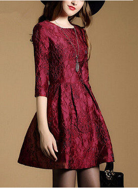 外贸2025春秋新款女装流行七分袖红色连衣裙收腰显瘦气质蓬蓬裙子