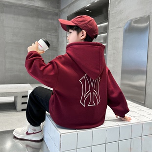 MLBLEATOO男童装2025秋冬新款连帽休闲红色年服卫衣长袖运动T恤