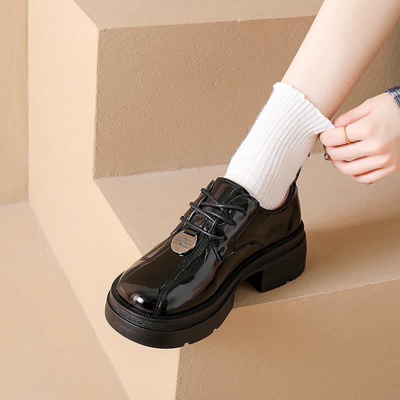 英伦风小皮鞋女2025新款春秋黑色系带厚底增高乐福鞋配裙子工作鞋