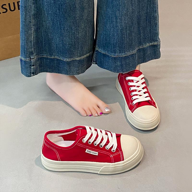 红色帆布鞋女款2025新款秋季流行休闲鞋学生百搭鞋子女设计感女