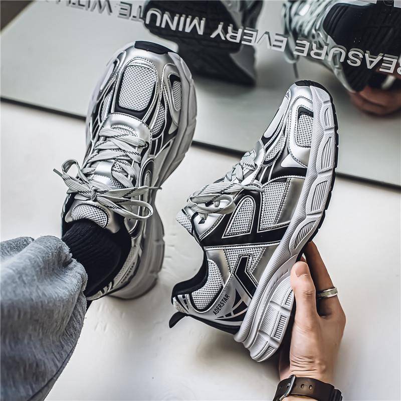 男鞋2025新款秋季透气网面潮流百搭跑步运动鞋学生厚底休闲老爹鞋