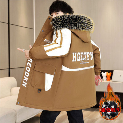 2025新款冬季男装中长款加绒加厚夹克外套青少年棉衣风衣棉服