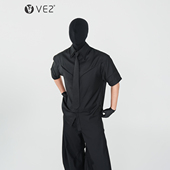 VE2 男时髦正肩纯色百搭领带衬衣潮 衬衫 夏季 结构设计感双层领短袖