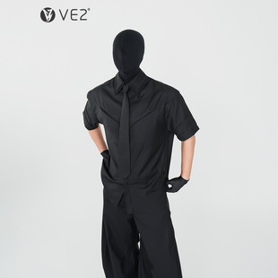 衬衫 结构设计感双层领短袖 男时髦正肩纯色百搭领带衬衣潮 夏季 VE2