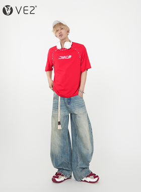 VE2 钉珠设计印花圆领短袖T恤男女学院青年重磅宽松红色半袖上衣