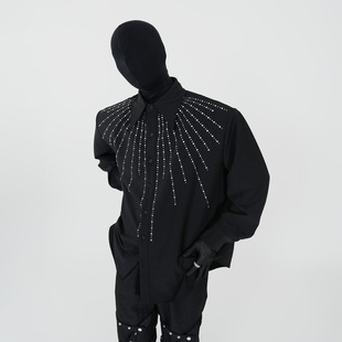 四季 男时髦夜店开衫 韩版 衬衫 发型师衬衣 宽松高级烫钻垫肩长袖 VE2