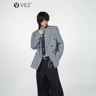 千鸟格西装 VE2 2025早秋毛边设计老钱风宽松垫肩西服外套休闲大码