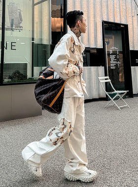 VE2 小众设计牛仔套装男蕾丝拼接火焰外套男套装痞帅高级感直筒裤