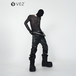 T恤男女朋克舞台个性 长袖 网纱镂空紧身打底 暗黑小众褶皱开衫 VE2