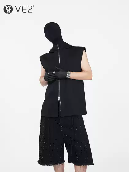 Men's VE2 Structural Design Avant-Garde Half-Zip Sleeveless Hooded Vest, Heavyweight Tank Top