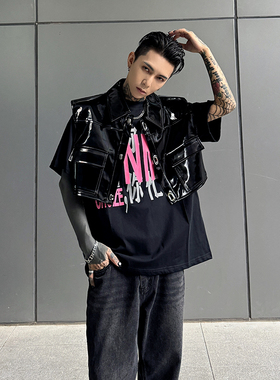 VE2 高级感亮面漆皮廓形垫肩夹克外套男女短款设计马甲背心