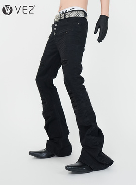 VE2 暗黑高街RO风微喇修身拖地牛仔裤男四季款加长堆积弯刀长裤子