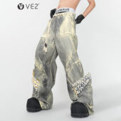 男小众绑带造型设计宽松直筒牛仔裤 VE2 视觉系重磅脏洗做旧阔腿裤