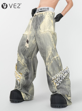 VE2 视觉系重磅脏洗做旧阔腿裤男小众绑带造型设计宽松直筒牛仔裤