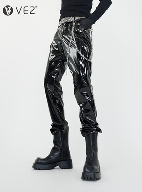 VE2 亚文化四季薄款漆皮亮面PU皮裤男团舞台艺演堆积感朋克小脚裤