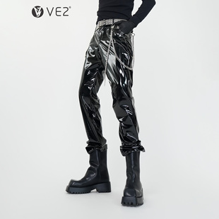男团舞台艺演堆积感朋克小脚裤 VE2 漆皮亮面PU皮裤 薄款 亚文化四季