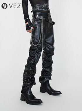 VE2 高级褶皱堆积设计PU皮裤男女小众暗黑哥特朋克演出摇滚长裤子