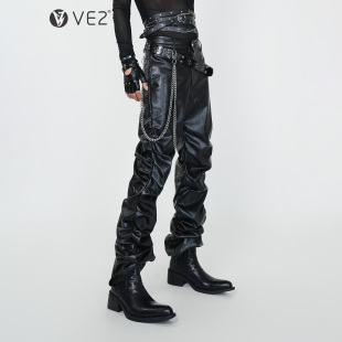 子 男女小众暗黑哥特朋克演出摇滚长裤 VE2 高级褶皱堆积设计PU皮裤