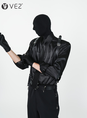 VE2 高级感液态缎面抗皱男士修身长袖衬衫亮面演出服醋酸领带衬衣