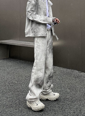 VE2 高级感脏洗做旧白色牛仔裤男美式废土复古街头压褶微喇长裤子