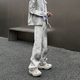 我叫得仔高级感脏洗做旧白色牛仔裤 子 男废土复古街头压褶微喇长裤