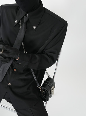 VE2 金属领针尖领长袖衬衫男免烫抗皱可拆卸垫肩西装衬衣 送领带