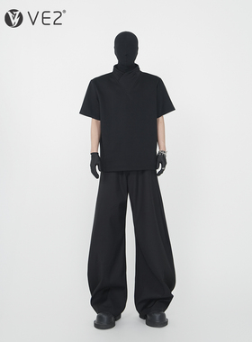 VE2 cleanfit黑色重磅半高V领垫肩短袖T恤男宽松阔腿弯刀西裤套装