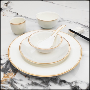 酒店摆台餐具套装陶瓷餐厅饭店碗碟会所宴会盘子四件套金边摆盘勺