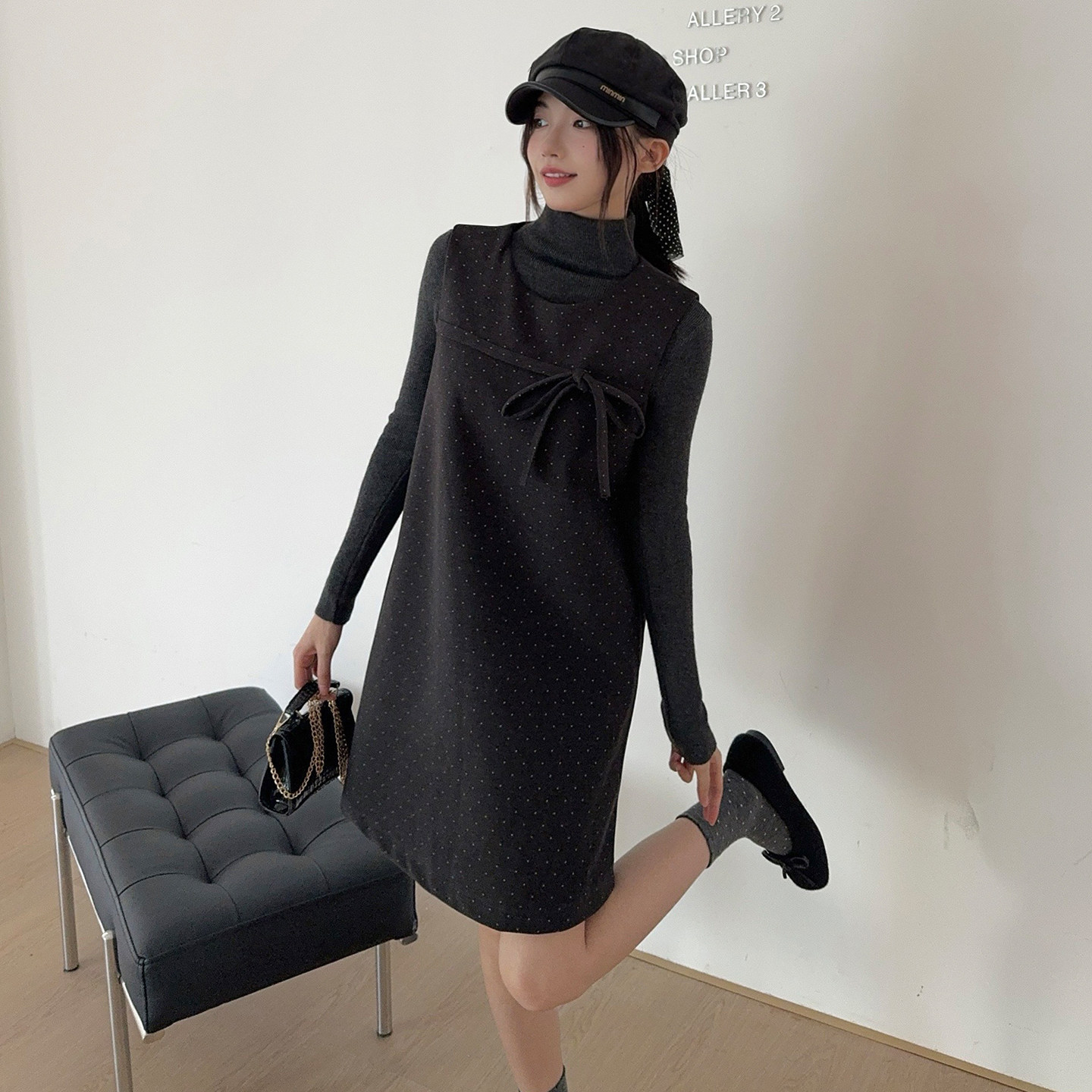 风大蝴蝶结两件套波点连衣裙背心连衣裙8081-B280-P145-K195,女装连衣裙,浙宝280