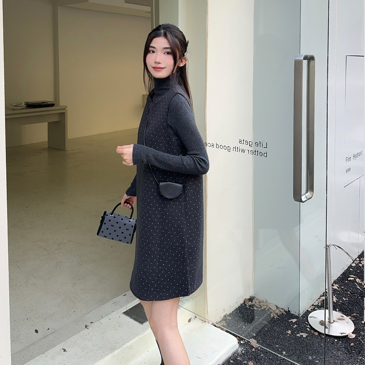（有现货）小香风波点连衣裙A版两件套尼料背心裙B280-P145-K195,女装连衣裙,浙宝280