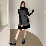 （有现货）两件套丝绒拼接波点背心连衣裙直筒秋冬B280-P155-K205，女装连衣裙，浙宝280