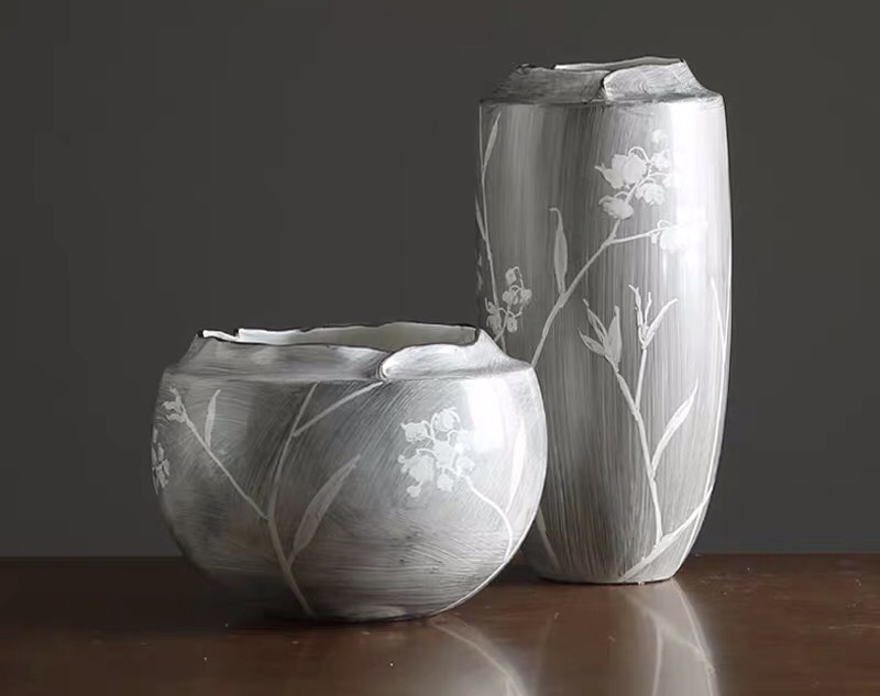 灰色陶瓷干花样板房客厅装饰品