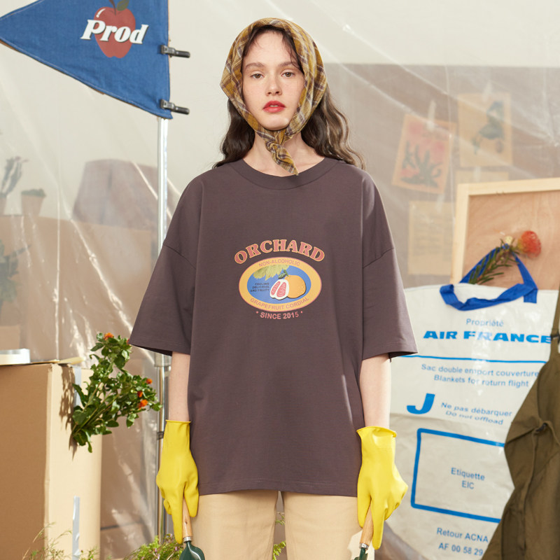 PROD 夏短袖白色T恤女宽松古着感女生美式复古风柚子 半袖薄上衣