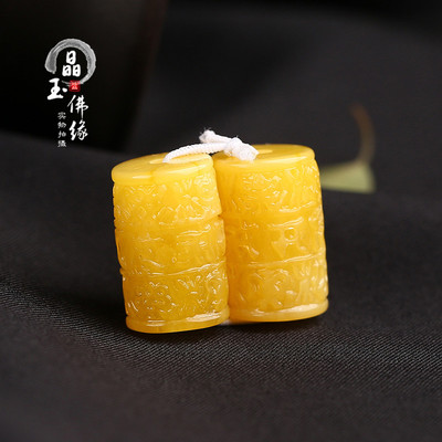 天然波罗的海琥珀蜜蜡桶珠鸡油黄蜜蜡原石苏工雕刻六字真言桶珠配