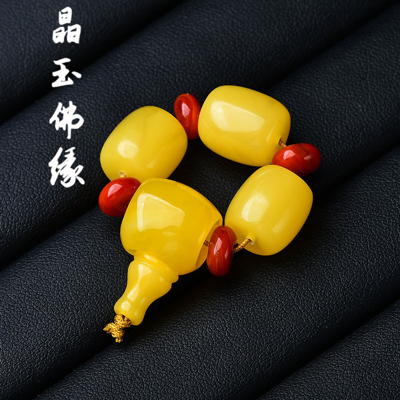 天然蜜蜡桶珠三通佛头套装鸡油黄琥珀散珠腰珠星月菩提手串配饰品