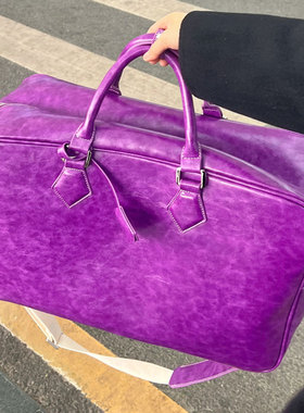 中古莓紫色旅行包2025新款机场健身包油蜡皮保龄球包波士顿枕头包
