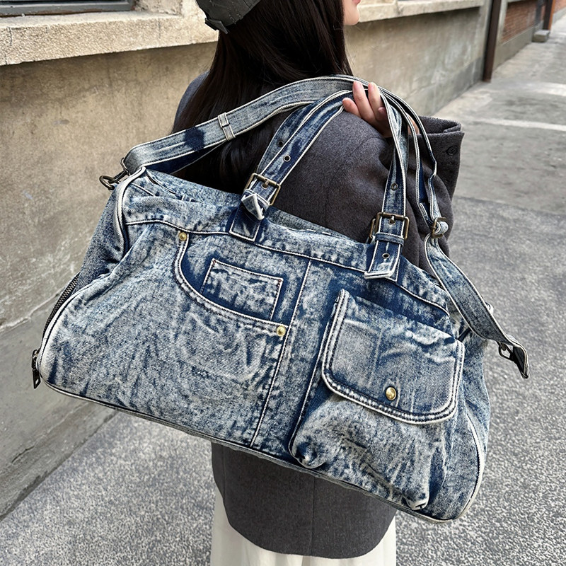 复古牛仔布旅行包2026新款行李手提登机包做旧重工水洗帆布健身包