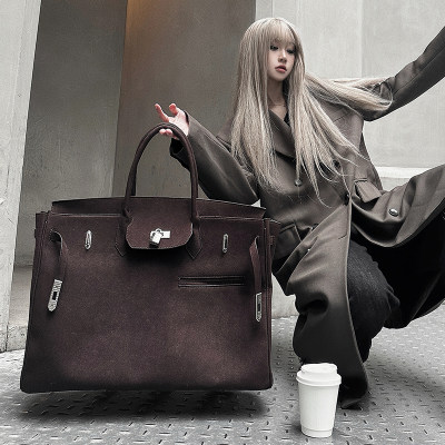 中古麂皮大铂金包2025新款通勤背包旅行手提托特包磨砂软皮双肩包