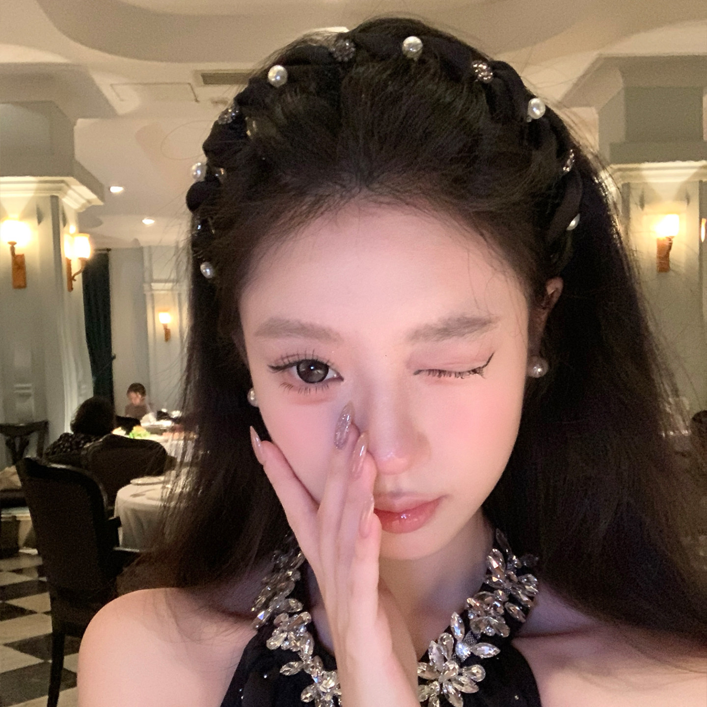 法式闪钻珍珠波浪发箍女高颅顶头箍发饰带齿防滑外戴发压发头饰