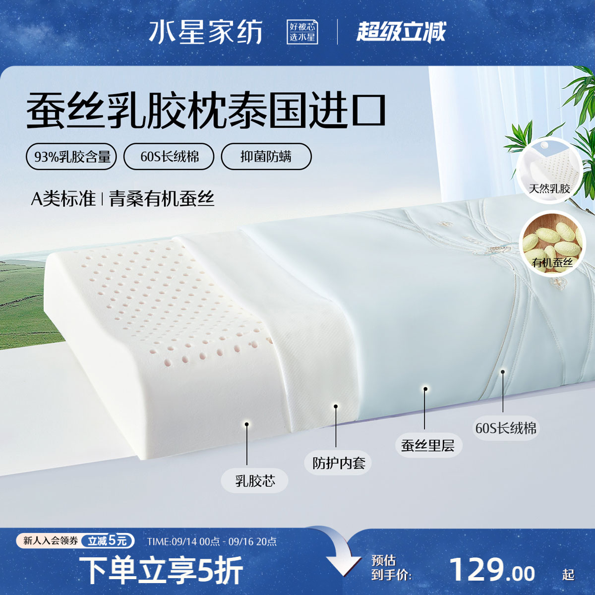 水星家纺A类单人乳胶枕泰国乳胶图片