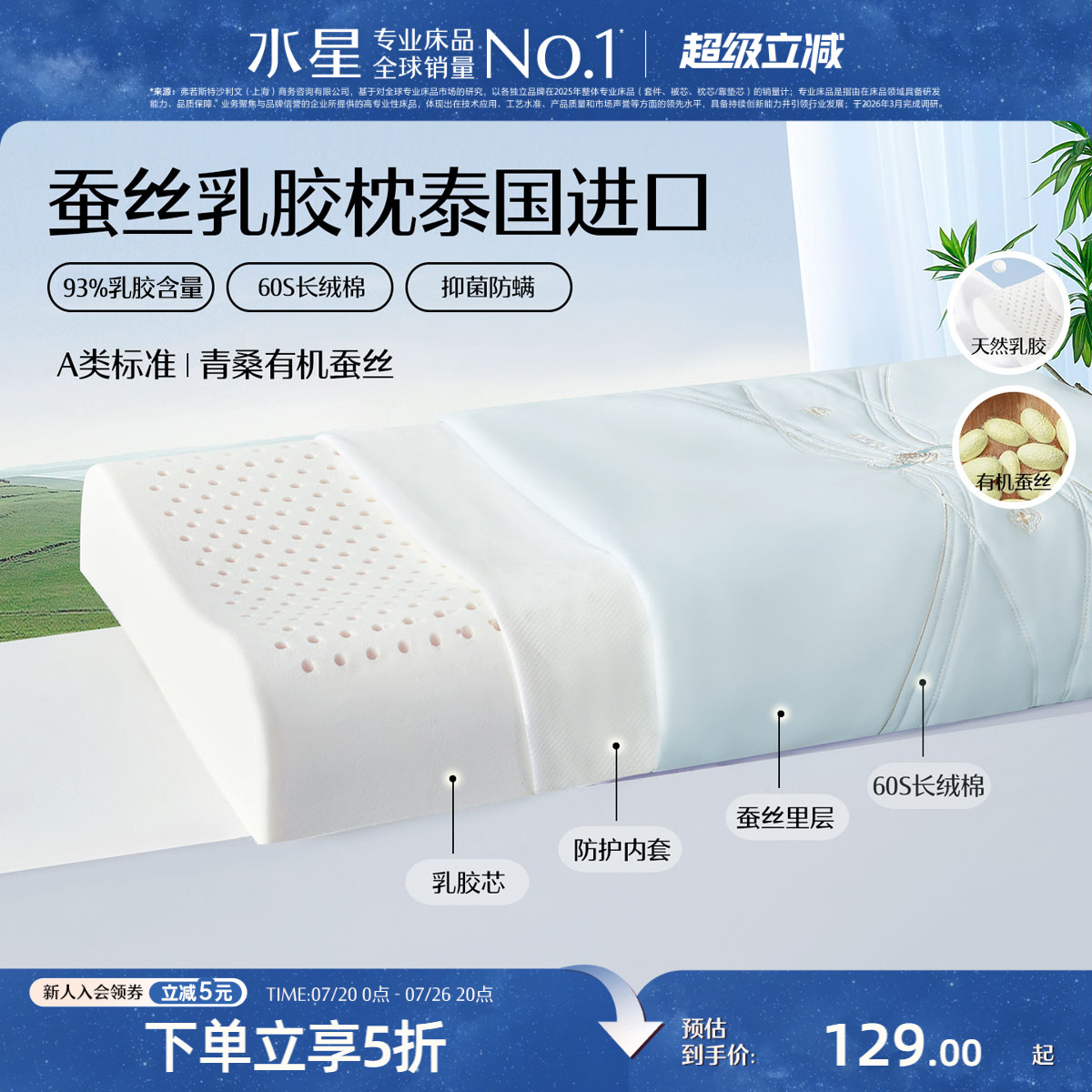 水星家纺泰国原液进口天然乳胶枕芯呵护颈椎枕头青桑有机蚕丝